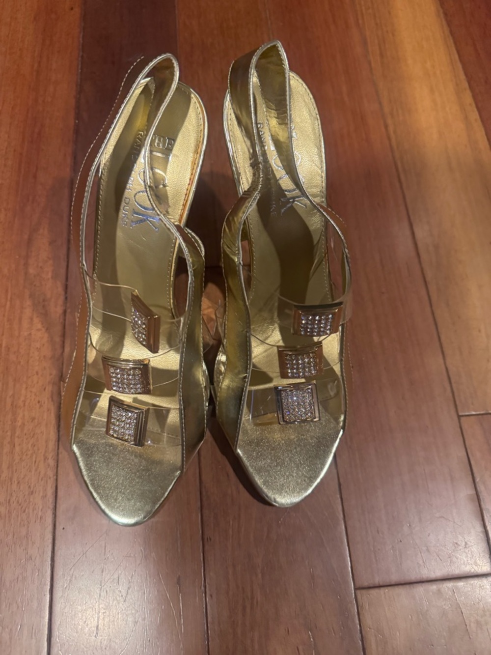 Women's Gold Slingback Heels with Rhinestone Square Accents